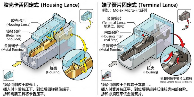 1.胶壳卡舌固定式与端子簧片固定式结构对比及锁紧位示意图