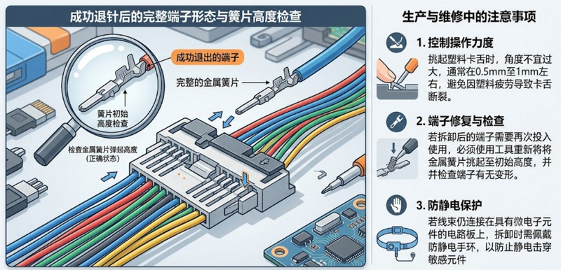 成功退针后的完整端子形态与簧片高度检查