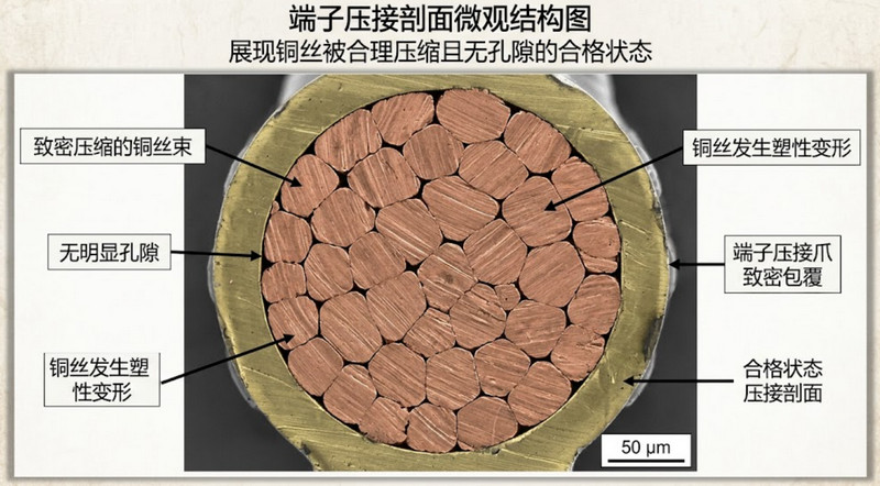 2.端子压接剖面微观结构图，展现铜丝被合理压缩且无孔隙的合格状态