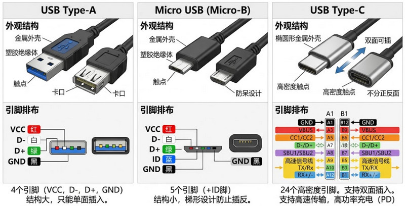 1.USB Type-A、Micro USB与Type-C接口外观结构及引脚排布对比