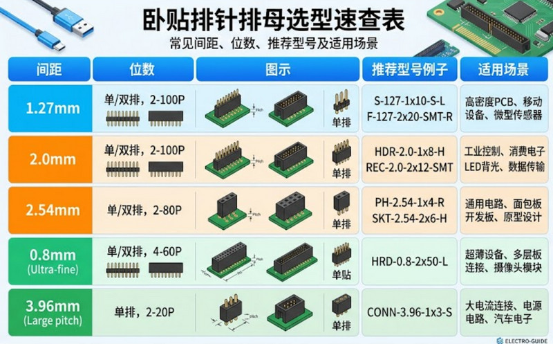 7.卧贴排针排母选型速查表，列出常见间距、位数、推荐型号及适用场景