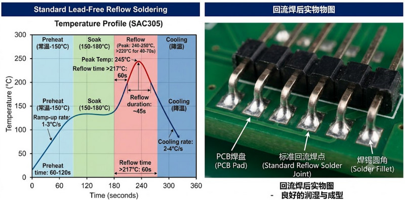 4.回流焊温度曲线图及标准回流焊后的卧贴排针焊点实物图