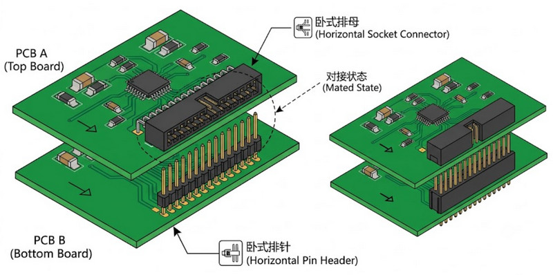 3.板对板连接的应用示意图，展示两块PCB通过卧贴排针排母对接的状态