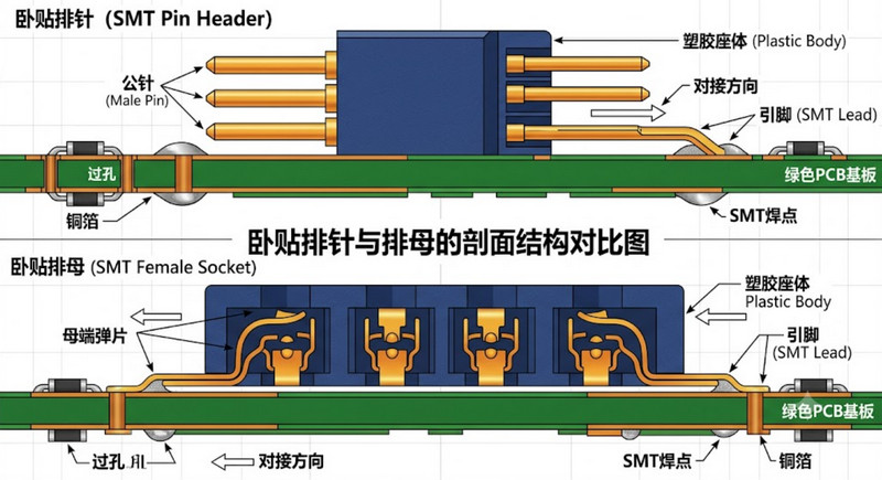 1.卧贴排针与排母的剖面结构对比图
