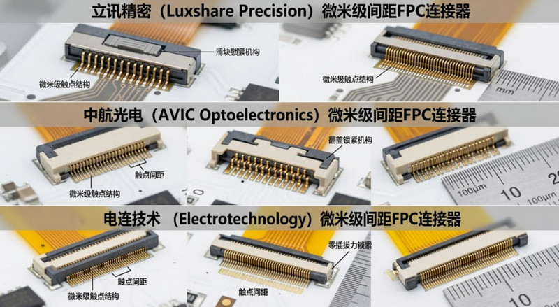 立讯精密、中航光电、电连技术三家厂商品牌微米级间距FPC连接器实物对比，展现其触点结构与锁紧机构差异